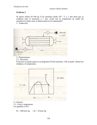 Transferencia de calor
Antonio Valiente Barderas
128
Problema 3
Se quiere enfriar 64 694 kg /h de amoníaco desde 105 ° C y 1 atm hasta que se
condense todo el amoníaco a 1 atm. ¿Cuál será la temperatura de salida del
amoníaco?¿Cuánto calor se deberá quitar en el condensador?
1.- Traducción.
2.- Planteamiento.
2.1.- Discusión.
El proceso se puede seguir en un diagrama P-H del amoníaco. Allí se puede obtener las
entalpías y la temperatura.
3.- Cálculos.
3.1.- Calor y temperatura.
Ver apéndice LXVI
H1 = 408 kcal /kg ; H2 = 10 kcal /kg
 
