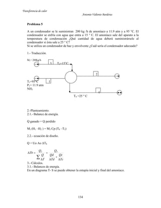 Transferencia de calor
Antonio Valiente Barderas
134
Problema 5
A un condensador se le suministran 200 kg /h de amoníaco a 11.9 atm y a 95 °C. El
condensador se enfría con agua que entra a 15 ° C. El amoníaco sale del aparato a la
temperatura de condensación ¿Qué cantidad de agua deberá suministrársele al
condensador si ésta sale a 25 ° C?
Si se utiliza un condensador de haz y envolvente ¿Cuál sería el condensador adecuado?
1.- Traducción.
M1= 200kg/h
3 T3=15°C
2
T1=95°C 1
P1= 11.9 atm
NH3
4
T4 =25 ° C
2.-Planteamiento.
2.1.- Balance de energía.
Q ganado = Q perdido
M1 (H1 –H2 ) = M3 Cp (T4 –T3)
2.2.- ecuación de diseño.
Q = Uo Ao ΔTb
Tc
Qc
Td
Qd
Q
T
Q
Q
Tb TT







3.- Cálculos.
3.1.- Balances de energía.
En un diagrama T- S se puede obtener la entapía inicial y final del amoníaco.
 