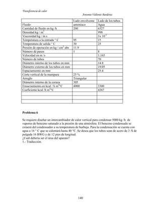 Transferencia de calor
Antonio Valiente Barderas
140
Lado envolvente Lado de los tubos
Fluido amoníaco Agua
Cantidad de fluido en kg /h 200 6327
Densidad kg / m3
998
Viscosidad kg / m s 1x 10-3
Temperatura a la entrada ° C 95 15
Temperatura de salida ° C 30 25
Presión de operación en kg / cm2
abs 11.9
Número de pasos 1 8
Velocidad en m /s 1.165
Número de tubos 70
Diámetro interno de los tubos en mm 14.8
Diámetro externo de los tubos en mm 19.05
Espaciamiento en mm 25.4
Corte vertical de la mampara 25 %
Arreglo Triangular
Diámetro interno de la coraza 305
Ensuciamiento en kcal / h m2
°C 4900 3300
Coeficiente kcal /h m2
°C 4267
Problema 6
Se requiere diseñar un intercambiador de calor vertical para condensar 5000 kg /h de
vapores de benceno saturado a la presión de una atmósfera. El benceno condensado se
extaerá del condensador a su temperatura de burbuja. Para la condensación se cuenta con
agua a 16 ° C que se calentará hasta 40 °C. Se desea que los tubos sean de acero de 3 /$ de
pulgada 16 BWG y de 12 pies de longitud.
¿Cuál debería ser el área del aparato?
1.- Traducción.
 