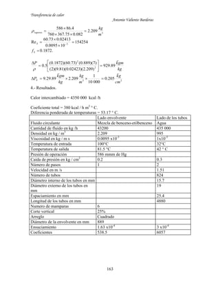 Transferencia de calor
Antonio Valiente Barderas
163
3
209.2
082.075.367760
4.86586
m
kg
vapores 



154254
100095.0
02413.073.60
Re 3



 S
Sf 0.1872.
kg
gmkP

89.929
)209.2)(02423.0)(81.9)(2(
)7)(889.0()73.60)(1872.0(
5.0 2
2









23
205.0
00010
1
209.289.29.9
cm
gk
m
kg
kg
gmk
PS


4.- Resultados.
Calor intercambiado = 4350 000 kcal /h
Coeficiente total = 380 kcal / h m2
° C.
Diferencia ponderada de temperaturas = 53.17 ° C.
Lado envolvente Lado de los tubos
Fluido circulante Mezcla de benceno-etilbenceno Agua
Cantidad de fluido en kg /h 43200 435 000
Densidad en kg / m3
2.209 995
Viscosidad en kg / m s 0.0095 x10-3
1x10-3
Temperatura de entrada 100°C 32°C
Temperatura de salida 81.5 °C 42 ° C
Presión de operación 586 mmm de Hg
Caída de presión en kg / cm2
0.2 0.3
Número de pasos 1 2
Velocidad en m /s 1.51
Número de tubos 824
Diámetro interno de los tubos en mm 15.7
Diámetro externo de los tubos en
mm
19
Espaciamiento en mm 25.4
Longitud de los tubos en mm 4880
Numero de mamparas 6
Corte vertical 25%
Arreglo Cuadrado
Diámetro de la envolvente en mm 889
Ensuciamiento 1.63 x10-4
3 x10-4
Coeficientes 538.5 6057
 