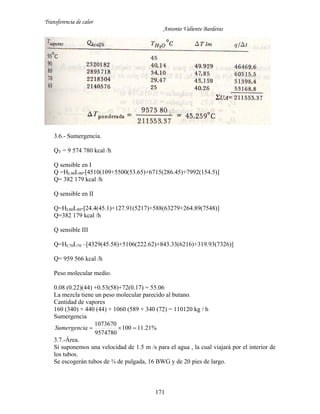 Transferencia de calor
Antonio Valiente Barderas
171
3.6.- Sumergencia.
QT = 9 574 780 kcal /h
Q sensible en I
Q =HL90L90-[4510(109+5500(53.65)+6715(286.45)+7992(154.5)]
Q= 382 179 kcal /h
Q sensible en II
Q=HL80L80-[24.4(45.1)+127.91(5217)+588(63279+264.89(7548)]
Q=382 179 kcal /h
Q sensible III
Q=HL70L70 –[4329(45.58)+5106(222.62)+843.33(6216)+319.93(7326)]
Q= 959 566 kcal /h
Peso molecular medio.
0.08 (0.22)(44) +0.53(58)+72(0.17) = 55.06
La mezcla tiene un peso molecular parecido al butano.
Cantidad de vapores
160 (340) + 440 (44) + 1060 (589 + 340 (72) = 110120 kg / h
Sumergencia
%21.11100
9574780
1073670
aSumergenci
3.7.-Área.
Si suponemos una velocidad de 1.5 m /s para el agua , la cual viajará por el interior de
los tubos.
Se escogerán tubos de ¾ de pulgada, 16 BWG y de 20 pies de largo.
 