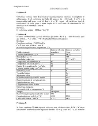 Transferencia de calor
Antonio Valiente Barderas
178
Problema 3.
Un tubo de acero de 5 mm de espesor se usa para condensar amoníaco en una planta de
refrigeración. Si el coeficiente del lado del agua es de 1500 kcal / h m2
°C y la
conductividad del acero es de 40 kcal / h m °C, calcule el coeficiente total de
transferencia de calor para el tubo limpio, si el coeficiente de condensación del
amoníaco es de 5000 kcal / h m2
°C
Resultado.
El coeficiente será de 1 120 kcal / h m2
°C.
Problema 4.
Se desea condensar 655 kg /h de amoníaco que están a 42 °C y 15 atm utilizando agua
que entra a 32 °C y sale a 37 ° C. Diseñe el condensador necesario.
Resultado
Calor intercambiado 170 955 kcal /h
Coeficiente total 826 kcal / h m2
°C
Diferencia logarítmica de temperatura 7.21.
Lado envolvente Lado de los tubos
Fluido circulante amoníaco Agua
Cantidad de fluido en kg / h 655 34 191
Densidad en kg / m3
944
Viscodidad en kg / ms 0.719 x 10-3
Temperatura a la entrada en °C 42 32
Temperatura a la salida en ° C 42 37
Presión de operación en kg / cm2
abs. 15
Caída de presión en kg / cm2
abs. 0.4
Número de pasos 1 4
Velocidad en m/s 1.54
Número de tubos 80
Diámetro interno de los tubos en mm 19.8
Diámetro externo de los tubos en mm 25.4
Espaciamiento en mm 31.75
Longitud de los tubos en mm 4880
Número de mamparas 12
Corte vertical de la mamapara en % 25
Arreglo Triangular
Diámetro interno de la envolvente en mm 387
Ensuciamiento en kcal / h m2
° C 6000 2500
Coeficiente en kcal / h m2
°C 5 525 5807
Problema 5.
Se desea condensar 27 0000 kg /h de isobutano puro a la temperatura de 58.5 ° C en un
condensador horizontal usando agua que entrará a 28 ° C y saldrá a 43 ° C. Se pretende
 