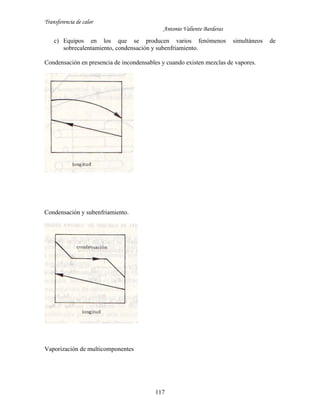 Transferencia de calor
Antonio Valiente Barderas
117
c) Equipos en los que se producen varios fenómenos simultáneos de
sobrecalentamiento, condensación y subenfriamiento.
Condensación en presencia de incondensables y cuando existen mezclas de vapores.
Condensación y subenfriamiento.
Vaporización de multicomponentes
 