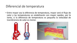 Diferencial de temperatura
• Entre mayor sea la diferencia de temperatura, mayor será el flujo de
calor y las temperaturas...