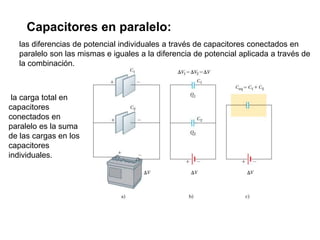 las diferencias de potencial individuales a través de capacitores conectados en
paralelo son las mismas e iguales a la diferencia de potencial aplicada a través de
la combinación.
Capacitores en paralelo:
la carga total en
capacitores
conectados en
paralelo es la suma
de las cargas en los
capacitores
individuales.
 