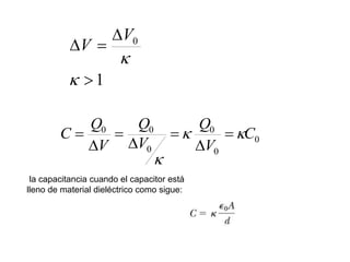 1
0






V
V
0
0
0
0
0
0
C
V
Q
V
Q
V
Q
C 









la capacitancia cuando el capacitor está
lleno de material dieléctrico como sigue:
 