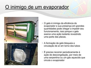 O inimigo de um evaporador
• O gelo é inimigo da eficiência do
evaporador e sua presença em grandes
quantidades pode chegar a impedir seu
funcionamento, isso porque o gelo
exerce uma ação isolante revestindo
uma parte das placas.
• A formação de gelo bloqueia a
circulação de ar em torno dos tubos
• É preciso recorrer periodicamente à
ação de descongelação, por meio de
uma serpentina ou um gás aquecido que
circula o evaporador
 