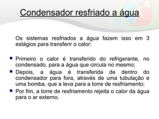 Condensador resfriado a água
Os sistemas resfriados a água fazem isso em 3
estágios para transferir o calor:
 Primeiro o calor é transferido do refrigerante, no
condensado, para a água que circula no mesmo;
 Depois, a água é transferida de dentro do
condensador para fora, através de uma tubulação e
uma bomba, que a leva para a torre de resfriamento;
 Por fim, a torre de resfriamento rejeita o calor da água
para o ar externo.
 