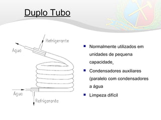 Duplo Tubo
 Normalmente utilizados em
unidades de pequena
capacidade
 Condensadores auxiliares
(paralelo com condensadores
a água
 Limpeza difícil
 