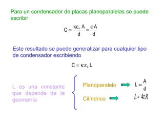 Para un condensador de placas planoparalelas se puede
escribir
                          κεo A ε A
                     C=...