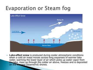  Lake-effect snow is produced during cooler atmospheric conditions
when a cold air mass moves across long expanses of warmer lake
water, warming the lower layer of air which picks up water vapor from
the lake, rises up through the colder air above, freezes and is deposited
on the leeward (downwind) shores.
 