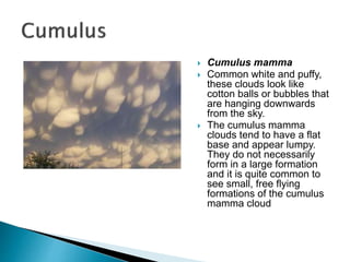  Cumulus mamma
 Common white and puffy,
these clouds look like
cotton balls or bubbles that
are hanging downwards
from the sky.
 The cumulus mamma
clouds tend to have a flat
base and appear lumpy.
They do not necessarily
form in a large formation
and it is quite common to
see small, free flying
formations of the cumulus
mamma cloud
 
