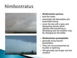  Nimbostratus pannus
 look like tubes
 essentially flat featureless and
essentially boring.
 cover the sky with a grey and
depressing clouds which
signifies that something is
developing and the weather may
be changing for the better
 Nimbostratus praecipitatio
 generally bring heavier
precipitation
 They are not accompanied by
thunder or lightning
 Will generally last longer and are
constant
 