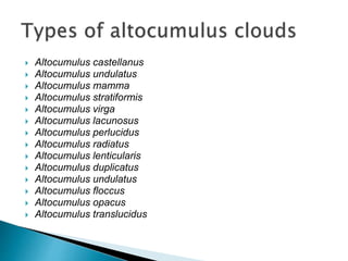  Altocumulus castellanus
 Altocumulus undulatus
 Altocumulus mamma
 Altocumulus stratiformis
 Altocumulus virga
 Altocumulus lacunosus
 Altocumulus perlucidus
 Altocumulus radiatus
 Altocumulus lenticularis
 Altocumulus duplicatus
 Altocumulus undulatus
 Altocumulus floccus
 Altocumulus opacus
 Altocumulus translucidus
 