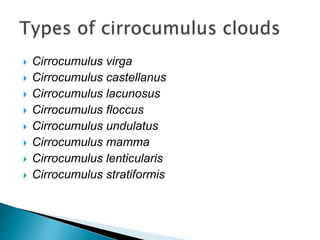  Cirrocumulus virga
 Cirrocumulus castellanus
 Cirrocumulus lacunosus
 Cirrocumulus floccus
 Cirrocumulus undulatus
 Cirrocumulus mamma
 Cirrocumulus lenticularis
 Cirrocumulus stratiformis
 