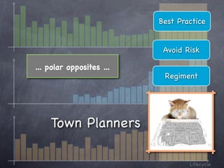 Best Practice


                           Avoid Risk
                                  Lifecycle


... polar opposites ...
                           Regiment


                                   Lifecycle


    Town Planners

                                    Lifecycle
 