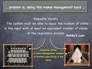 ... problem is, doing this makes management hard ...


                     Requisite Variety
  The system must be able to equal the number of states
in the input with at least an equivalent number of states
                in the regulatory process
                                           Ashby’s Law



                         Solutions. Either
                   a) Make Management complex
                   b) Pretend everything is the
                              same.
 
