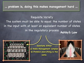 ... problem is, doing this makes management hard ...


                     Requisite Variety
  The system must be able to...
