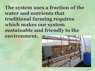The system uses a fraction of the water and nutrients that traditional farming requires which makes our system sustainable and friendly to the environment. 