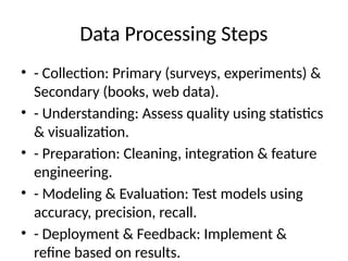 Data Processing Steps
• - Collection: Primary (surveys, experiments) &
Secondary (books, web data).
• - Understanding: Assess quality using statistics
& visualization.
• - Preparation: Cleaning, integration & feature
engineering.
• - Modeling & Evaluation: Test models using
accuracy, precision, recall.
• - Deployment & Feedback: Implement &
refine based on results.
 