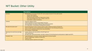 alpaca.vc 2021
NFT Bucket: Other Utility
Description
Definition • Broad buckets to encompass all other NFT-centric projects that don’t fit into other buckets
・Domain Name Systems
・Identity and credentialing
・NFT Decentralized Autonomous Organizations (DAOs)
・Other physical/digital NFTs (wine, sneakers, land, etc.)
・Social tokens / proof-of-attendance
Tailwinds • Consumer adoption of NFTs
• COVID-19 pandemic forcing increased digital interaction
• Brands looking for new ways to deploy existing intellectual property
• The “tokenization” of everything, including physical products
Why does this bucket exist? • Brands attempting to further monetize products and/or intellectual property through NFTs
• Desire to enable the provenance/authenticity of blockchains for real world physical products
• Desire to act as collectives to democratize ownership (DAOs)
• The "land grab" of web3 (DNS)
What does this bucket take advantage
of?
• Investor interest in the next iteration of the NFT gold rush
• Tech improvements
• QR codes, Near-Field Communication, and other methods of connecting physical world products to digital world NFTs
Investable Traits • Tools facilitating the connections between digital goods and physical goods
• NFTs for credentialing / validation of experience
• Superior UI/UX
• First-class customer experience and support
63
 