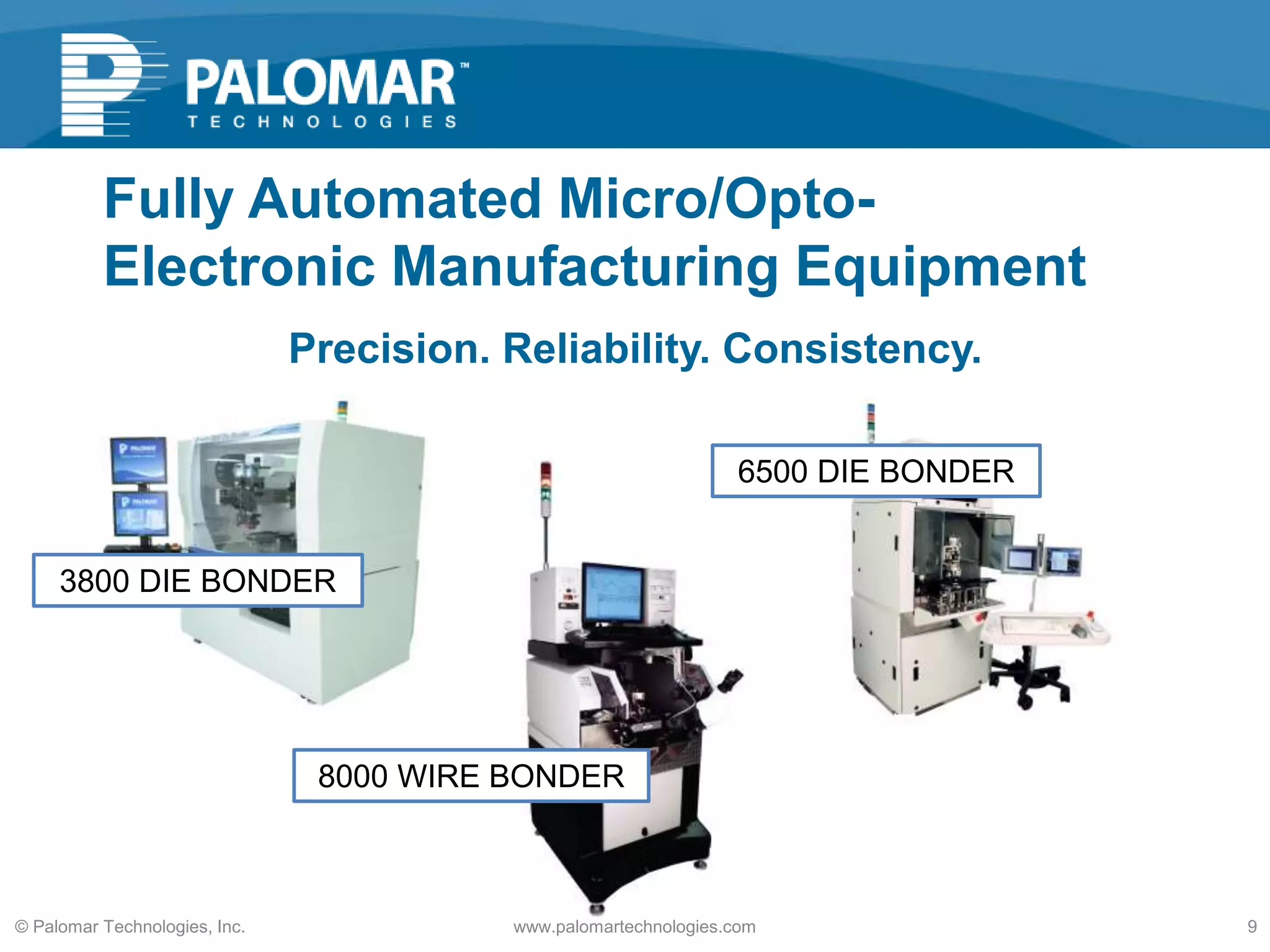 Precision. Reliability. Consistency.
www.palomartechnologies.com 9© Palomar Technologies, Inc.
8000 WIRE BONDER
3800 DIE BONDER
Fully Automated Micro/Opto-
Electronic Manufacturing Equipment
6500 DIE BONDER
 