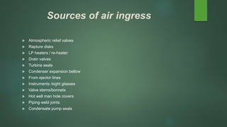 Sources of air ingress
 Atmospheric relief valves
 Rapture disks
 LP heaters / re-heater
 Drain valves
 Turbine seals
 Condenser expansion bellow
 From ejector lines
 Instruments /sight glasses
 Valve stems/bonnets
 Hot well man hole covers
 Piping weld joints
 Condensate pump seals
 