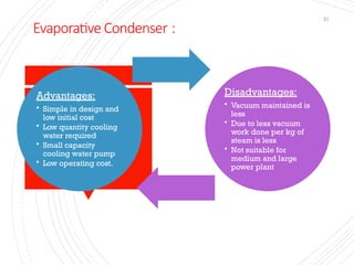 Evaporative Condenser :
21
Advantages:
• Simple in design and
low initial cost
• Low quantity cooling
water required
• Small capacity
cooling water pump
• Low operating cost.
Disadvantages:
• Vacuum maintained is
less
• Due to less vacuum
work done per kg of
steam is less
• Not suitable for
medium and large
power plant
 