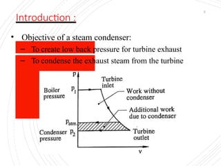 Introduction :
3
• Objective of a steam condenser:
– To create low back pressure for turbine exhaust
– To condense the exhaust steam from the turbine
 