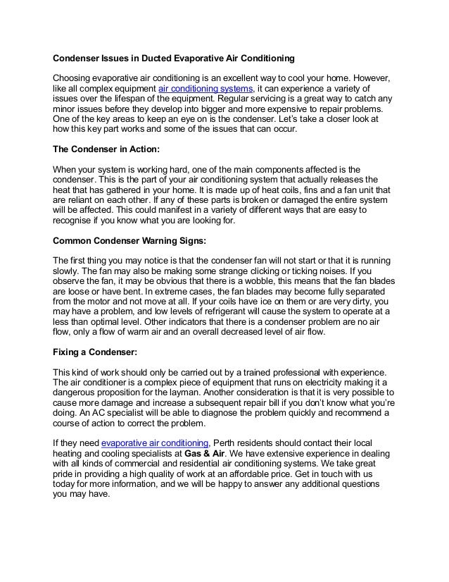 Condenser issues in ducted evaporative air conditioning