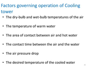 Factors governing operation of Cooling
tower
• The dry-bulb and wet-bulb temperatures of the air
• The temperature of warm water
• The area of contact between air and hot water
• The contact time between the air and the water
• The air pressure drop
• The desired temperature of the cooled water 20
 