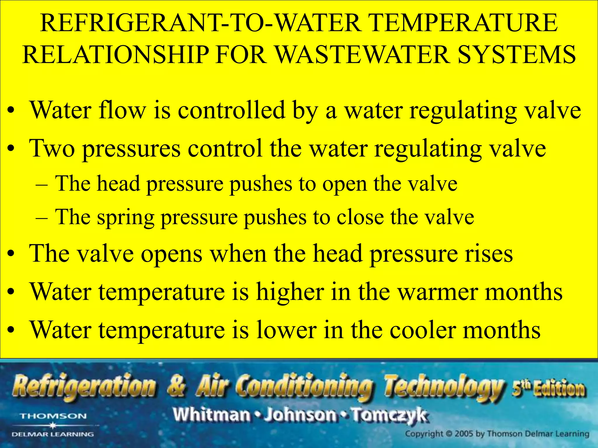REFRIGERANT-TO-WATER TEMPERATURE
RELATIONSHIP FOR WASTEWATER SYSTEMS
• Water flow is controlled by a water regulating valve
• Two pressures control the water regulating valve
– The head pressure pushes to open the valve
– The spring pressure pushes to close the valve
• The valve opens when the head pressure rises
• Water temperature is higher in the warmer months
• Water temperature is lower in the cooler months
 