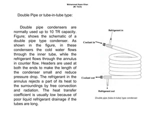 Double Pipe or tube-in-tube type:
Double pipe condensers are
normally used up to 10 TR capacity.
Figure; shows the schematic of a
double pipe type condenser. As
shown in the figure, in these
condensers the cold water flows
through the inner tube, while the
refrigerant flows through the annulus
in counter flow. Headers are used at
both the ends to make the length of
the condenser small and reduce
pressure drop. The refrigerant in the
annulus rejects a part of its heat to
the surroundings by free convection
and radiation. The heat transfer
coefficient is usually low because of
poor liquid refrigerant drainage if the
tubes are long.
Mohammad Azam Khan
{M. Tech}
 