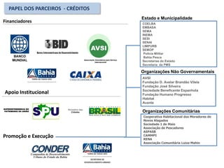 PAPEL DOS PARCEIROS - CRÉDITOS
Estado e Municipalidade
COELBA
EMBASA
SEMA
INEMA
SESI
SENAI
LIMPURB
SEMOP
Polícia Militar
Bahia Pesca
Secretarias do Estado
Secretaria da PMS
Organizações Não Governamentais
AVSI
Fundação D. Avelar Brandão Vilela
Fundação José Silveira
Sociedade Beneficente Espanhola
Fundação Humano Progresso
Habitat
Avante
Organizações Comunitárias
Cooperativa Habitacional dos Moradores de
Novos Alagados
Sociedade 1 de Maio
Associação de Pescadores
ASPASB
CAMMPI
RENA
Associação Comunitária Luiza Mahin
Promoção e Execução
Apoio Institucional
Financiadores
SUPERINTENDENCIA DO
PATRIMONIO DA UNIÃO
Associação Voluntários para Serviço
Internacional
 