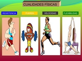 CUALIDADES FÍSICAS

RESISTENCIA    FUERZA    VELOCIDAD   FLEXIBILIDAD
 