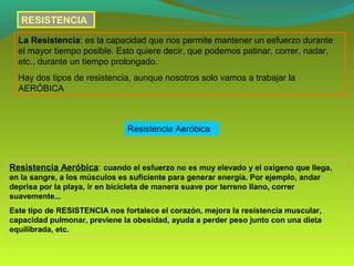 RESISTENCIA
  La Resistencia: es la capacidad que nos permite mantener un esfuerzo durante
  el mayor tiempo posible. Esto quiere decir, que podemos patinar, correr, nadar,
  etc., durante un tiempo prolongado.
  Hay dos tipos de resistencia, aunque nosotros solo vamos a trabajar la
  AERÓBICA



                               Resistencia Aeróbica



Resistencia Aeróbica: cuando el esfuerzo no es muy elevado y el oxígeno que llega,
en la sangre, a los músculos es suficiente para generar energía. Por ejemplo, andar
deprisa por la playa, ir en bicicleta de manera suave por terreno llano, correr
suavemente...
Este tipo de RESISTENCIA nos fortalece el corazón, mejora la resistencia muscular,
capacidad pulmonar, previene la obesidad, ayuda a perder peso junto con una dieta
equilibrada, etc.
 