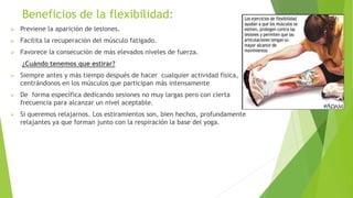 Beneficios de la flexibilidad:
 Previene la aparición de lesiones.
 Facilita la recuperación del músculo fatigado.
 Favorece la consecución de más elevados niveles de fuerza.
¿Cuándo tenemos que estirar?
 Siempre antes y más tiempo después de hacer cualquier actividad física,
centrándonos en los músculos que participan más intensamente
 De forma específica dedicando sesiones no muy largas pero con cierta
frecuencia para alcanzar un nivel aceptable.
 Si queremos relajarnos. Los estiramientos son, bien hechos, profundamente
relajantes ya que forman junto con la respiración la base del yoga.
 