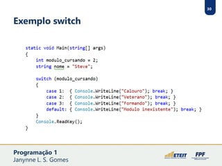 30
Exemplo switch
Programação 1
Janynne L. S. Gomes
 