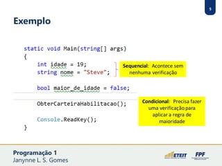 5
Exemplo
Sequencial: Acontece sem
nenhuma verificação
Condicional: Precisa fazer
uma verificação para
aplicar a regra de
maioridade
Programação 1
Janynne L. S. Gomes
 