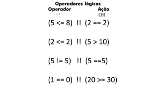 (5 <= 8) !! (2 == 2)
(2 <= 2) !! (5 > 10)
(5 != 5) !! (5 ==5)
(1 == 0) !! (20 >= 30)
 