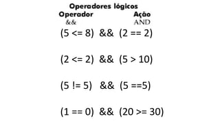 (5 <= 8) && (2 == 2)
(2 <= 2) && (5 > 10)
(5 != 5) && (5 ==5)
(1 == 0) && (20 >= 30)
 
