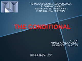 REPUBLICA BOLIVARIANA DE VENEZUELA
I.U.P “SANTIAGO MARIÑO”
ESCUELA DE INGENIERIA CIVIL
EXTENSION SAN CRISTOBAL
AUTOR:
ARAQUE ARAQUE YONDER
ALEXANDER C.I:21.003.682
SAN CRISTOBAL, 2017
 