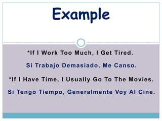 Example

     *If I Work Too Much, I Get Tired.

     Si Trabajo Demasiado , Me Canso .

*If I Have Time, I Usually Go To The Movies.

Si Tengo Tiempo , Generalmente Voy Al Cine .
 