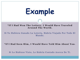 Example
  *If I Had Won The Lottery, I Would Have Traveled
                 Around The World.

Si Yo Hubiera Ganado La Lotera, Habra Viajado Por Todo El
                         Mundo.



*If I Had Seen Him, I Would Have Told Him About You.



   Si Lo Hubiese Visto, Le Habra Contado Acerca De Ti.
 