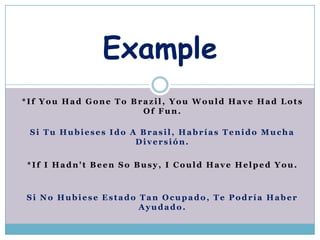 Example
*If You Had Gone To Brazil, You Would Have Had Lots
                      Of Fun.

 Si Tu Hubieses Ido A Brasil, Habras Tenido Mucha
                     Diversin.

*If I Hadn't Been So Busy, I Could Have Helped You.



Si No Hubiese Estado Tan Ocupado, Te Podra Haber
                     Ayudado.
 