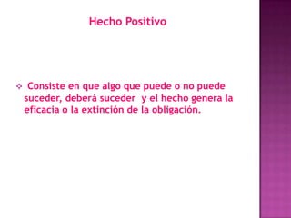 Hecho Positivo




 Consiste en que algo que puede o no puede
 suceder, deberá suceder y el hecho genera la
 eficacia o la extinción de la obligación.
 