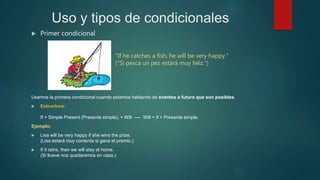 Uso y tipos de condicionales
 Primer condicional
"If he catches a fish, he will be very happy."
("Si pesca un pez estará muy feliz.")
Usamos la primera condicional cuando estamos hablando de eventos a futuro que son posibles.
 Estructura:
If + Simple Present (Presente simple), + Will ---- Will + If + Presente simple.
Ejemplo:
 Lisa will be very happy if she wins the prize.
(Lisa estará muy contenta si gana el premio.)
 If it rains, then we will stay at home.
(Si llueve nos quedaremos en casa.)
 