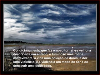Condicionamento que faz o novo tornar-se velho, a descoberta um enfado, o luminoso uma rotina escravizante, a vida uma coleção de dores, a dor uma violência, e a violência um modo de ser e de construir uma sociedade.  