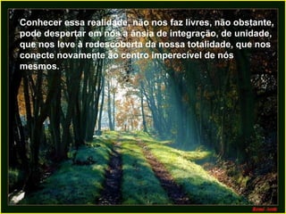 Conhecer essa realidade, não nos faz livres, não obstante, pode despertar em nós a ânsia de integração, de unidade, que nos leve à redescoberta da nossa totalidade, que nos conecte novamente ao centro imperecível de nós mesmos.  