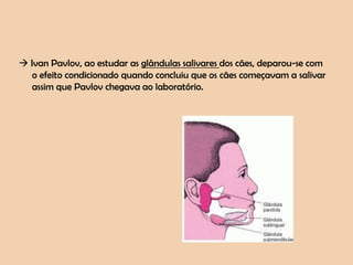  Ivan Pavlov, ao estudar as glândulas salivares dos cães, deparou-se com
o efeito condicionado quando concluiu que os cães começavam a salivar
assim que Pavlov chegava ao laboratório.

 